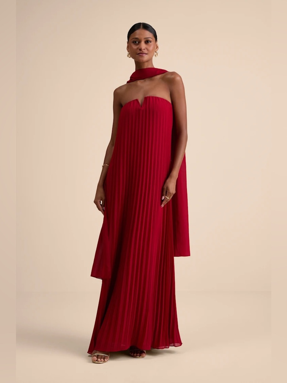 Elegant Red Formal Wedding Guest Dress + Scarf